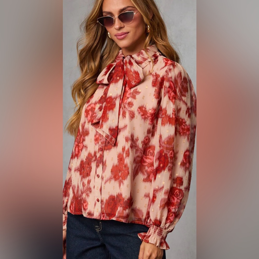 New!  Velvine printed neck tie blouse